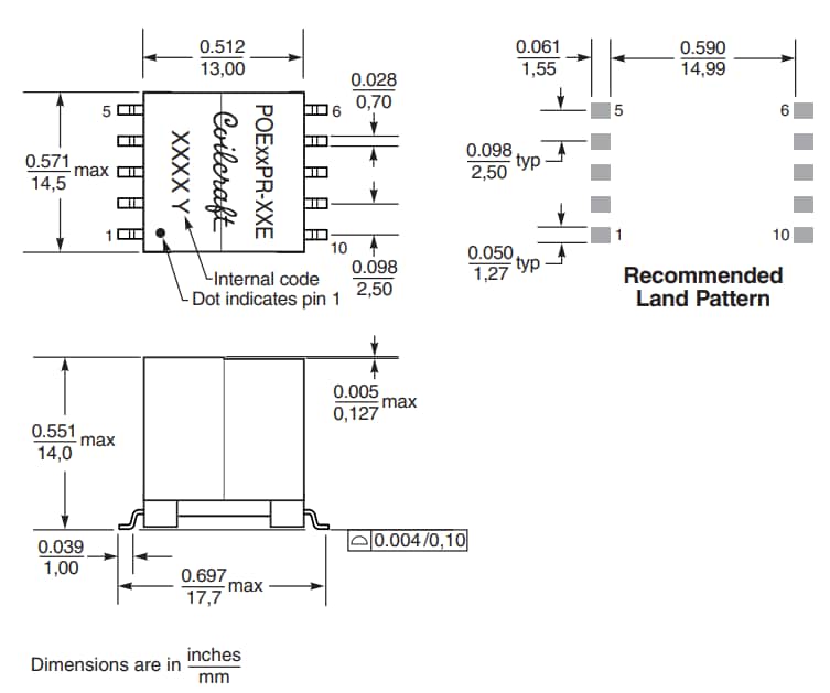 Mechanical Drawing - Coilcraft Flyback/Forward Transformers for PoE